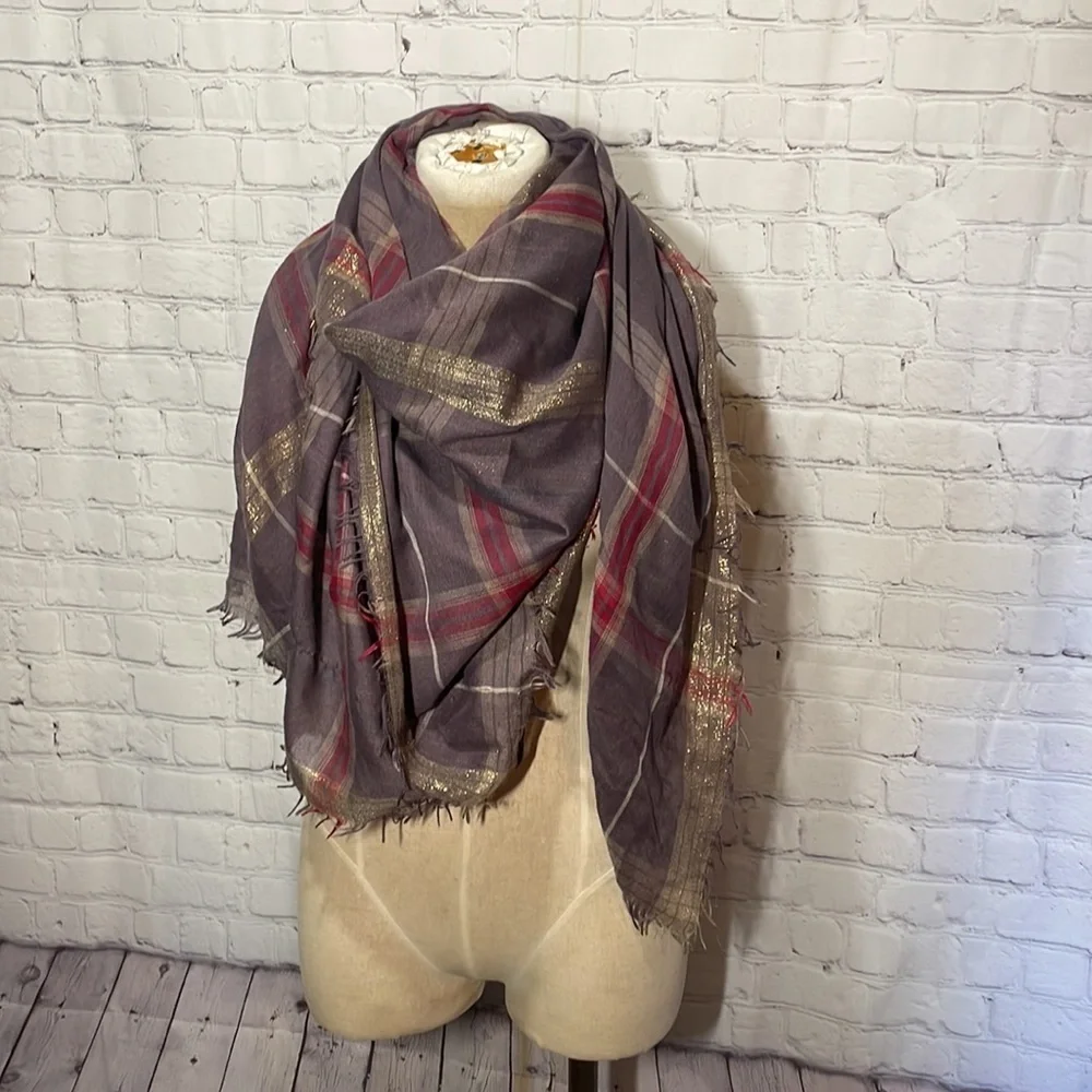 Plaid square blanket scarf gold, red brown